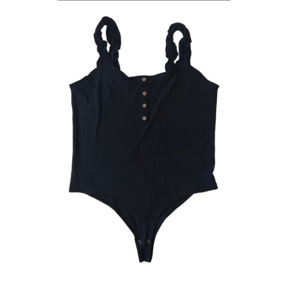 Full Circle Trends Plus Size Solid Black Ribbed Ruffle Strap Bodysuit Women's 2X - Picture 1 of 12